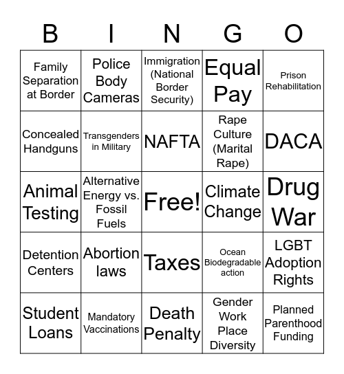 American Gov Debate Bingo Card