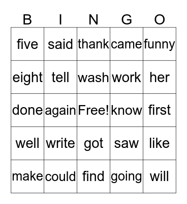 Sight Words Bingo Card