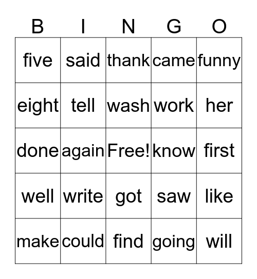 Sight Words Bingo Card