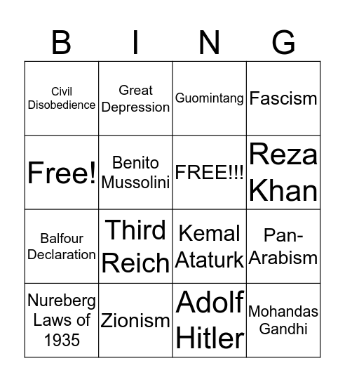 Between the Wars Bingo Card