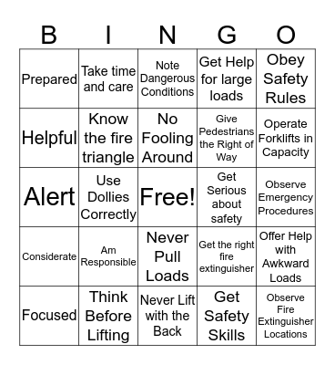 Safety Bingo Card