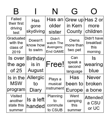 MSW BINGO Card