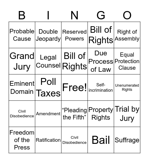 Unit #8: Bill of Rights Bingo Card