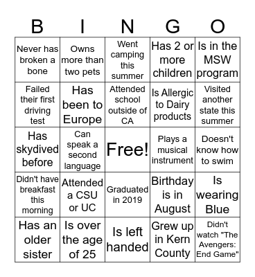 MSW BINGO Card