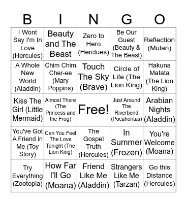 Disney SONGO Bingo Card