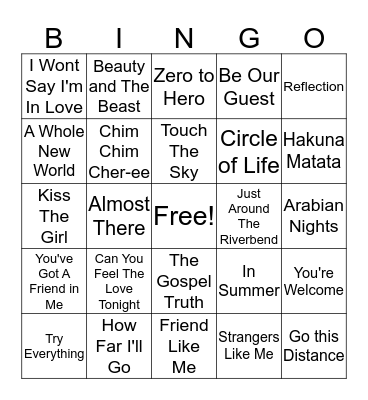 Disney SONGO Bingo Card