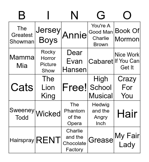 Musical SONGO Bingo Card