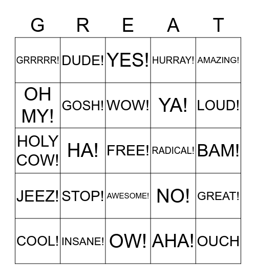 INTERJECTIONS Bingo Card