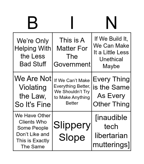 Palantir Fanboy Bingo Card