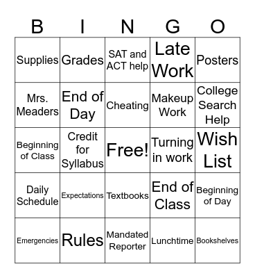 Mrs. Meaders' Classroom Bingo Card