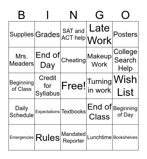 Mrs. Meaders' Classroom Bingo Card