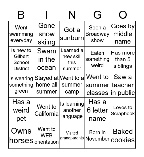 Bingo to Meet You!  Bingo Card