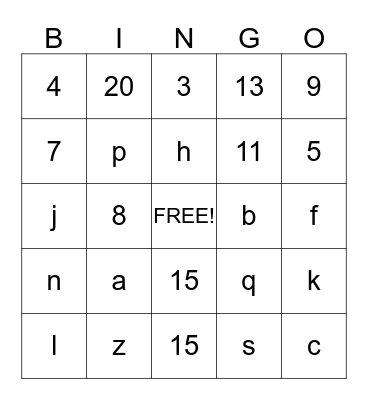 Letters and Numbers Bingo Card