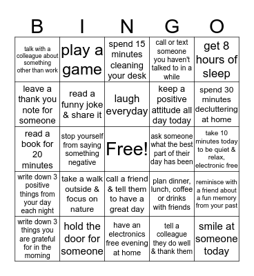 Week 2: Stress Less Bingo Card
