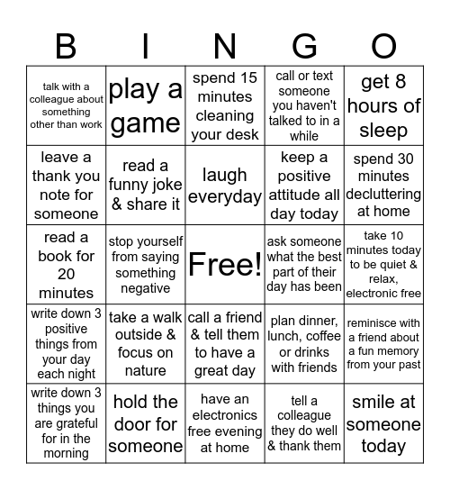 Week 2: Stress Less Bingo Card