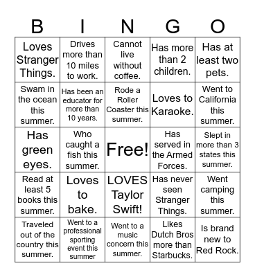 Red Rock "Summer Journey" BINGO: Find Someone Who... Bingo Card