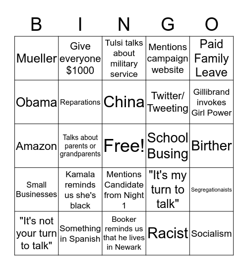 Dem Debate 2  Bingo Card