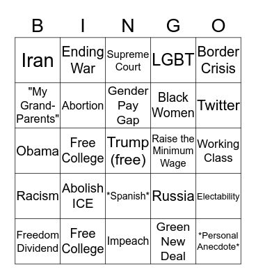 Democratic Debate Bingo Card