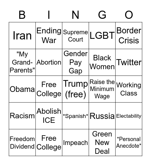 Democratic Debate Bingo Card