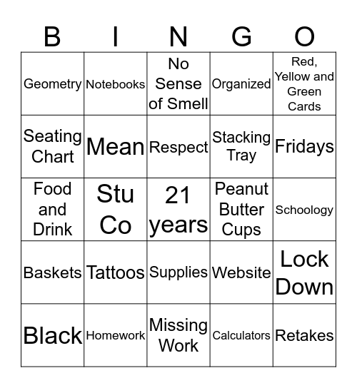 Dore' Beginning of the Year Bingo Card