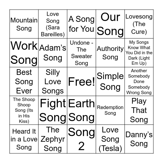 “Song” Songs Bingo Card