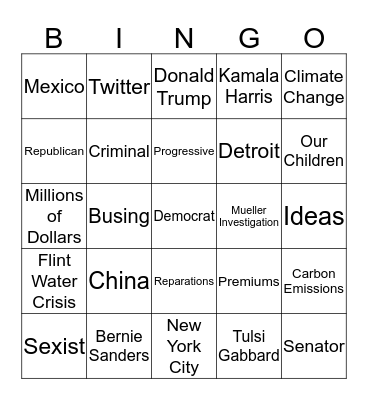 Democratic Debates Night 2 Bingo Card