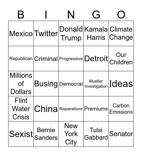 Democratic Debates Night 2 Bingo Card