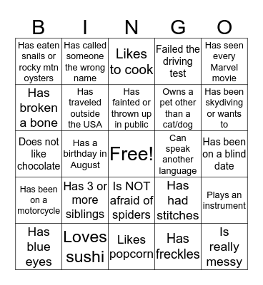 Back to School Bingo Card