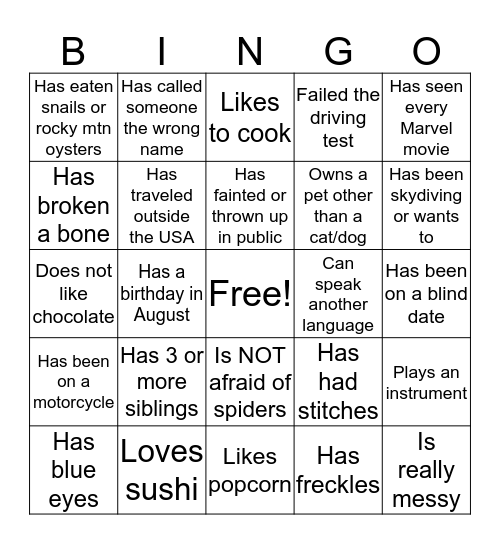 Back to School Bingo Card