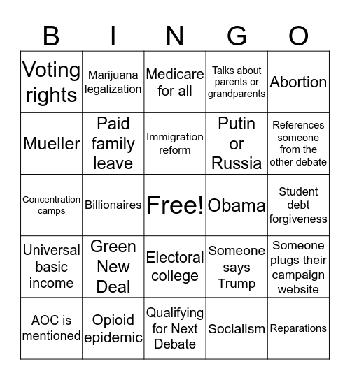 Second Debate Bingo Card