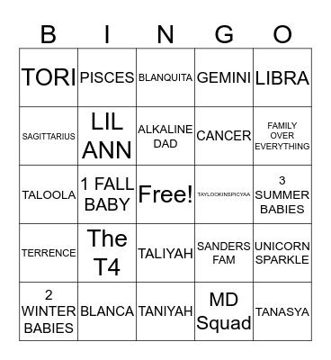Sanders Family Game Night Bingo Card