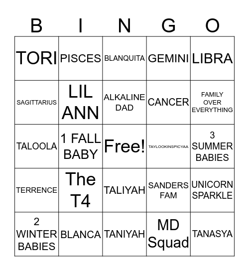 Sanders Family Game Night Bingo Card