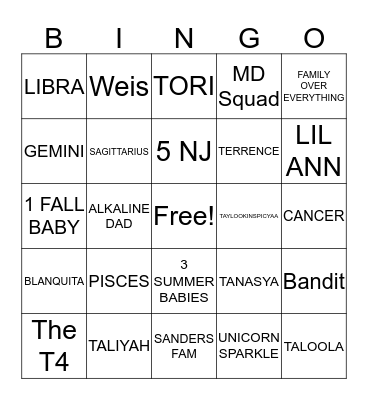 Sanders Family Game Night Bingo Card