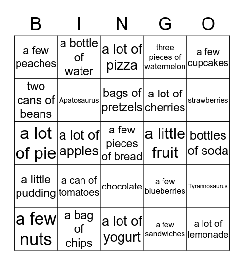 Unit 1 - How much Food? Bingo Card