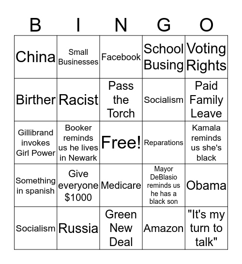 Dem Debate Bingo Card