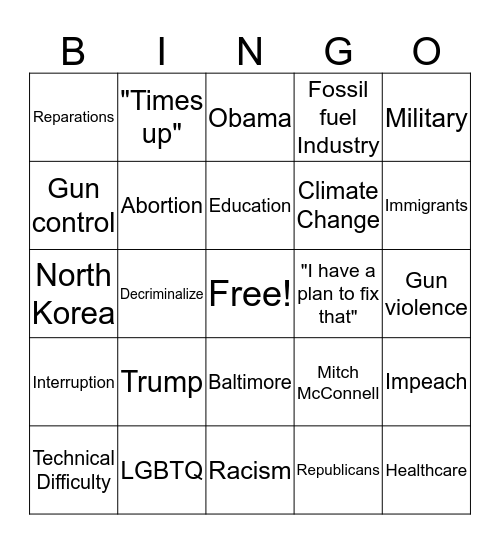 Democratic Debate Bingo Card