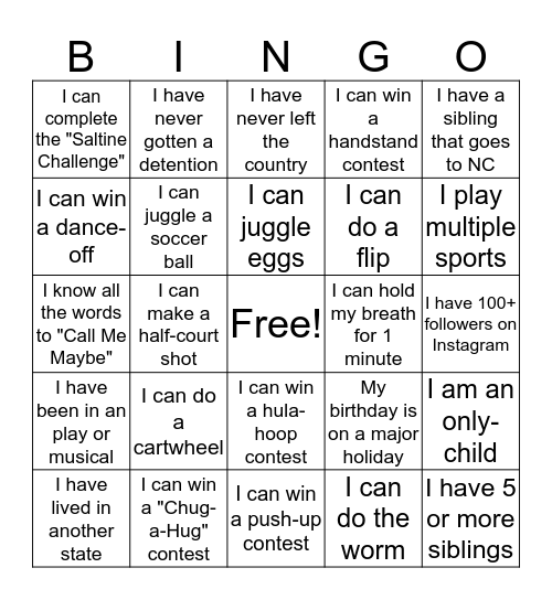 Orientation 2019 Bingo Card