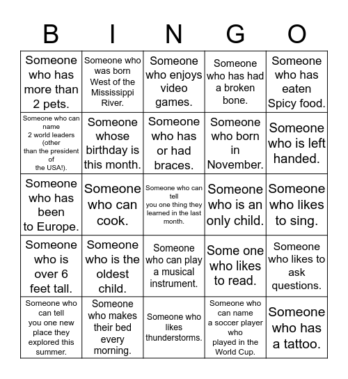Walk around the room and find one person in the class and not apart of your team who fits the description to put their initials in each box. You may only get one signature from each person! Bingo Card