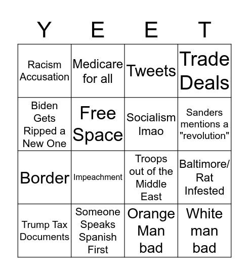 Democratic Debate Bingo Card