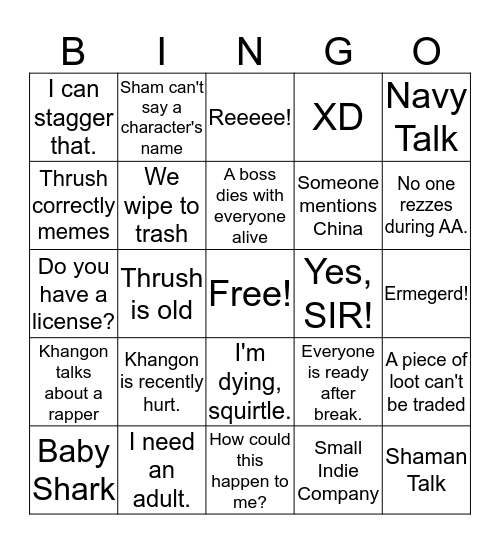 Raid Bingo 5.15.19 Bingo Card