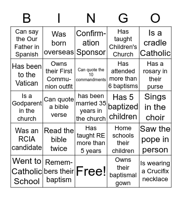 Catholic Find Someone Who Bingo Card