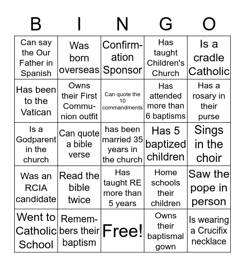 Catholic Find Someone Who Bingo Card