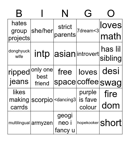 how similar are u to arya Bingo Card