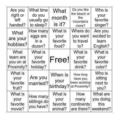 Introductory English Bingo! Bingo Card