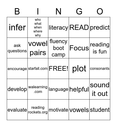 Literacy Bingo Card