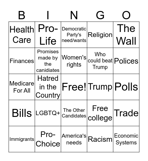 Democratic Debates 2019 Bingo Card