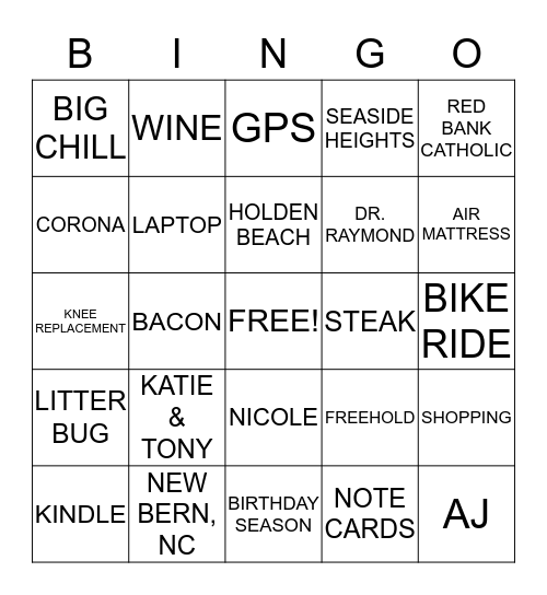 Kathie's 60TH BIG CHILL B-DAY WEEKEND Bingo Card