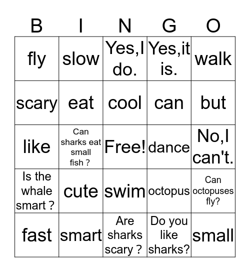 Ocean animals Bingo Card