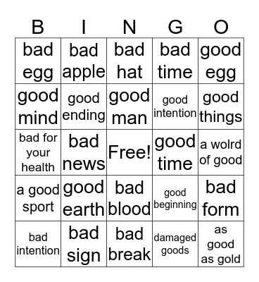 Good and Bad Bingo Card