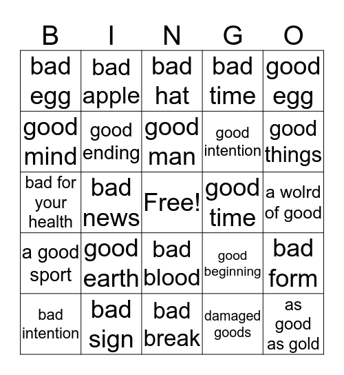 Good and Bad Bingo Card